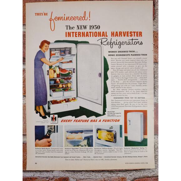 1950 "It's Femineered!"‎ International Harvester Refrigerator Vtg Print Ad - Picture 1 of 8